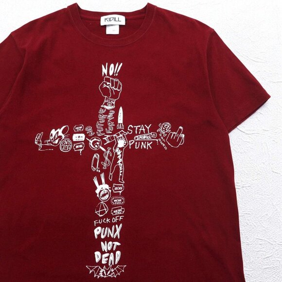 KIDILL Punk Cross Print T-Shirt -  Burgundy Cotton - Picture 5 of 11